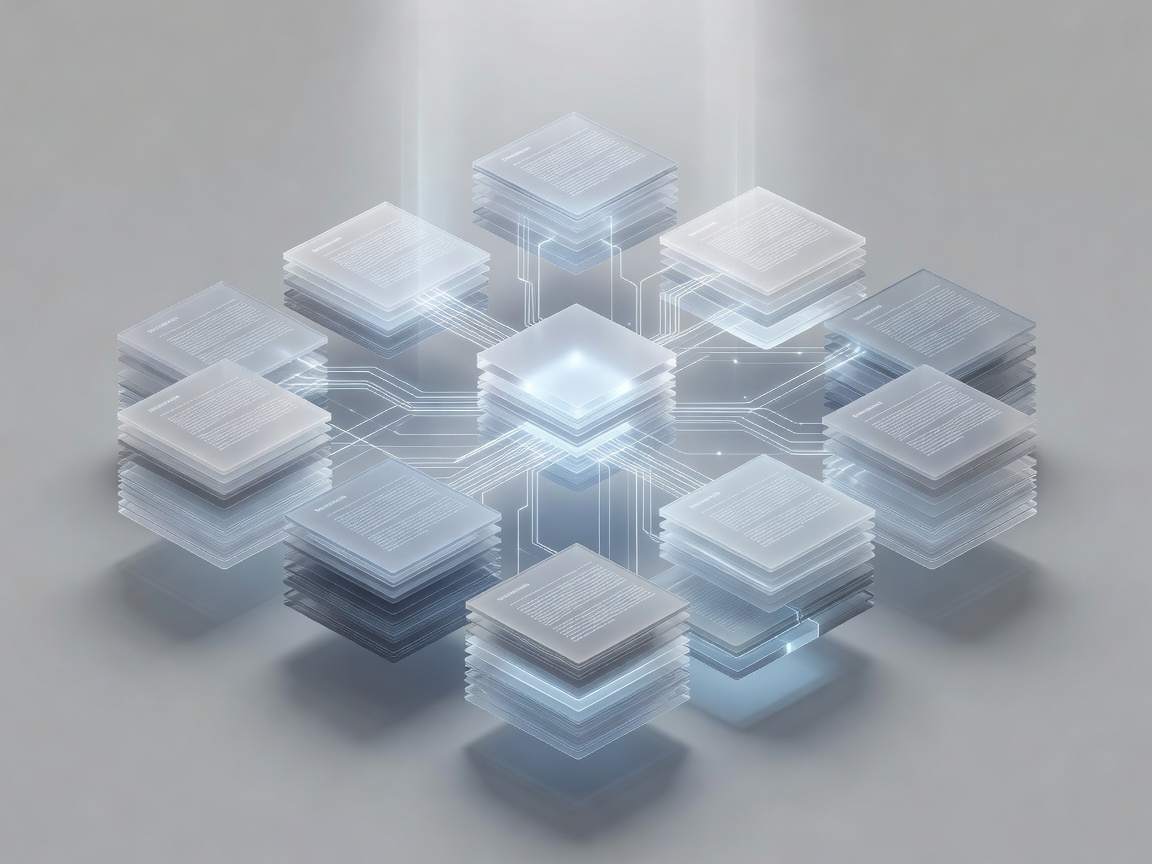 Soft-lit three-dimensional stack of document-like panels connected to a central answer block