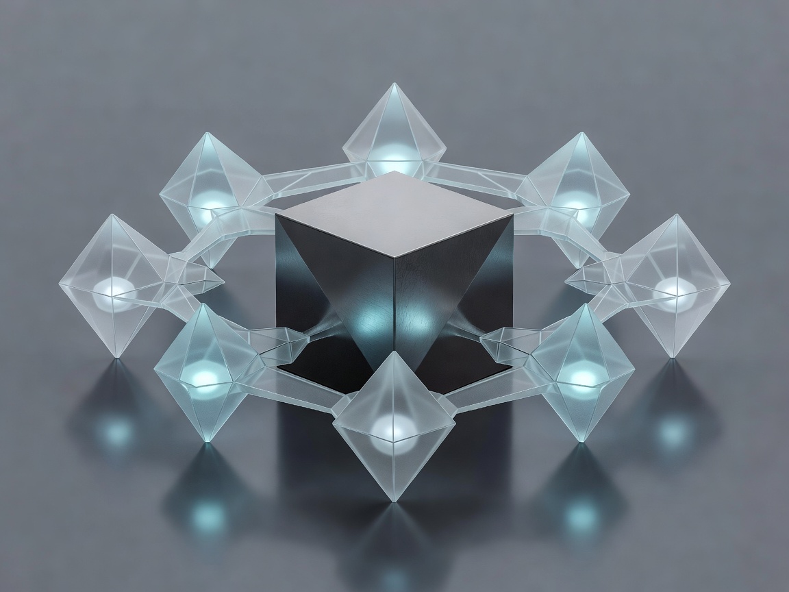 Soft-lit three-dimensional structures arranged around a central control block representing AI oversight