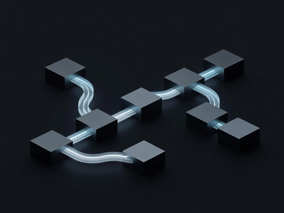 Soft-lit three-dimensional pathways connecting separate blocks to represent controlled workflow steps